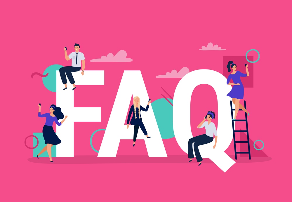 This is a vector illustration. The letters FAQ appear in white on a pink background. Several people in business wear populate the image (on and around the letters).