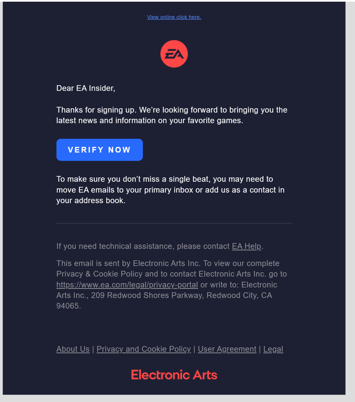 EA Insider welcome email. White and grey text against a black background. The EA logo and brand name are displayed in red and the verify now button is bright blue. 