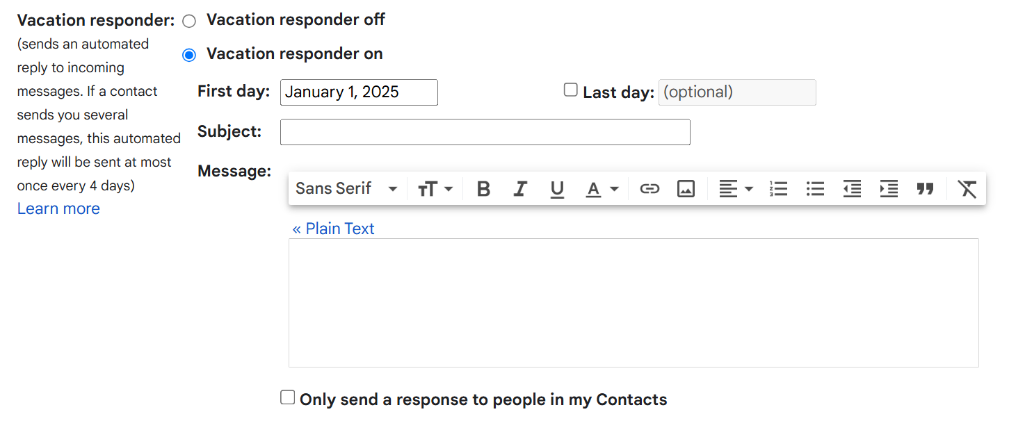 Image of interface for setting up Gmail vacation autoreponsder. 