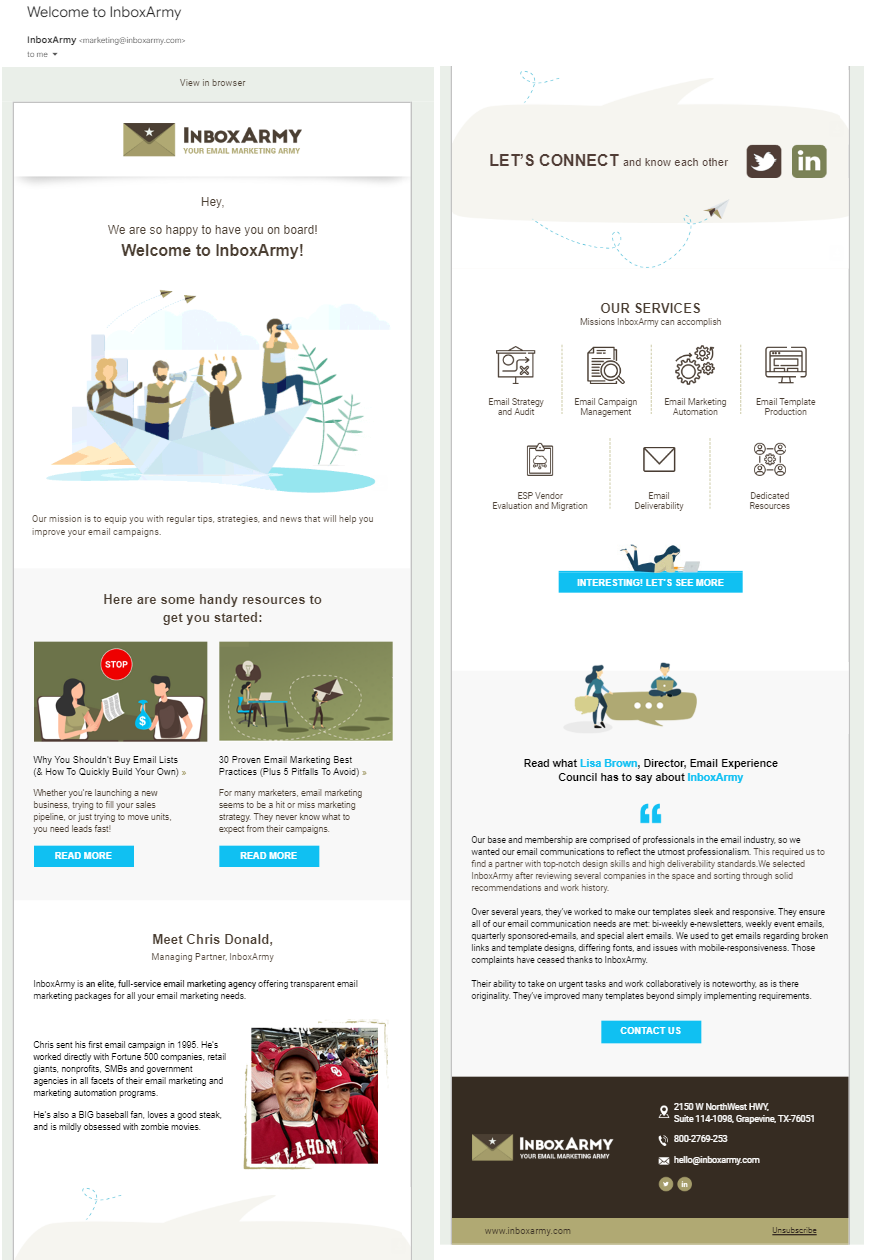 Inbox Army uses angular cartoonish images in sections of its email, icons in other and one actual photo in the note from the sender section. The color scheme is army green and dark brown against a white background. Varying shares of teal highlights appear throughout. I split the email in half and displayed the sections side-by-side in this image because of it's length.