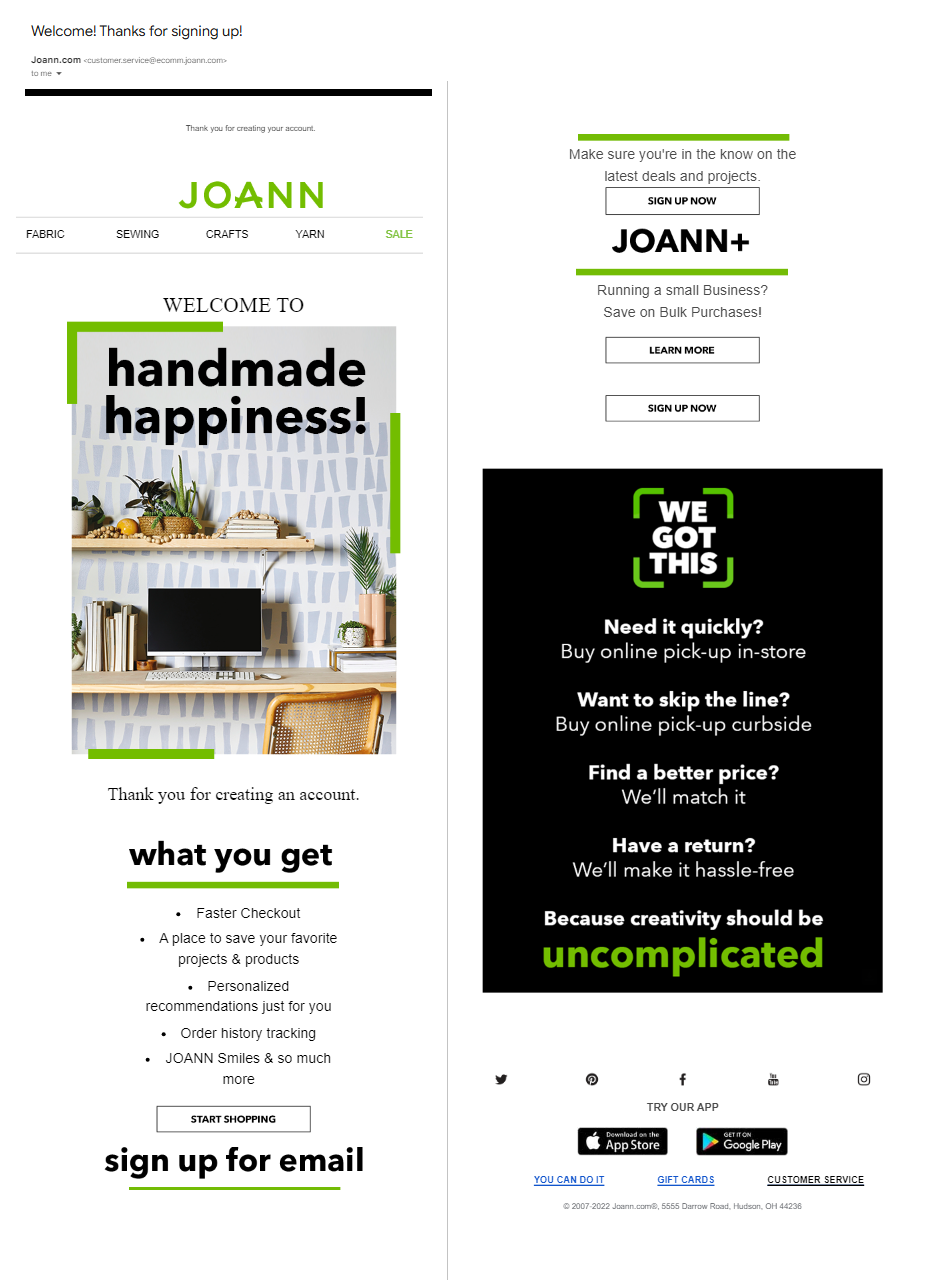 This email presents a common retail/ecommerce message format. The store name tops the message in green. Other copy and elements are display in black or green against a white background. The email includes a navigation menu at the top and social media links in the footer. Other headings include "what you get" and "sign up for email."