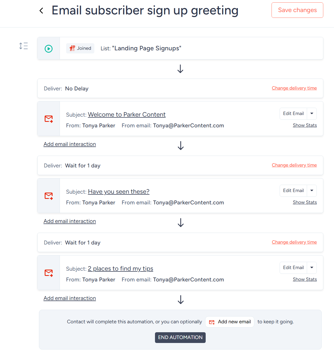 Display of five bars representing the Sendfox email flow setup panels. The starting trigger is labeled with a green arrow. Email panels are labeled with a red email icon. The flow is titled, "Email subscriber sign up greeting." At the end of the flow is a black button labeld "end automation." 