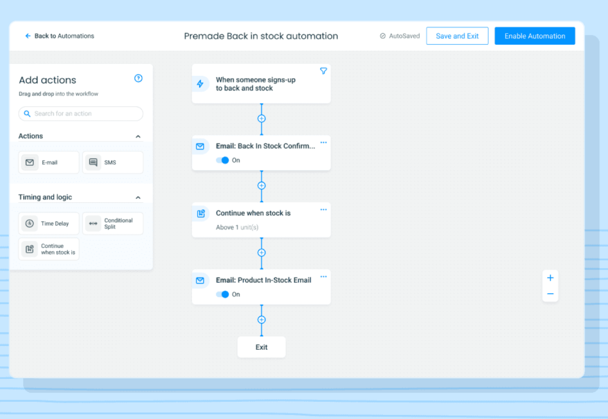 SmartMail's automation flow uses white rectangles stacked vertically and connected by blue lines to show the flow. A panel on the left of the screen provides sections for users to add actions or set the timing of the template luanches.